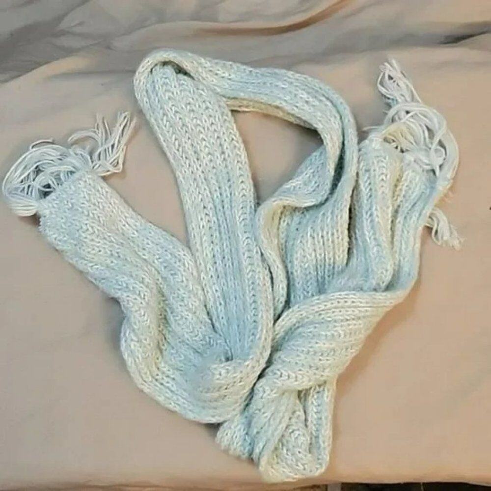 Knitted Light Green and White Scarf with Tassles at Each End